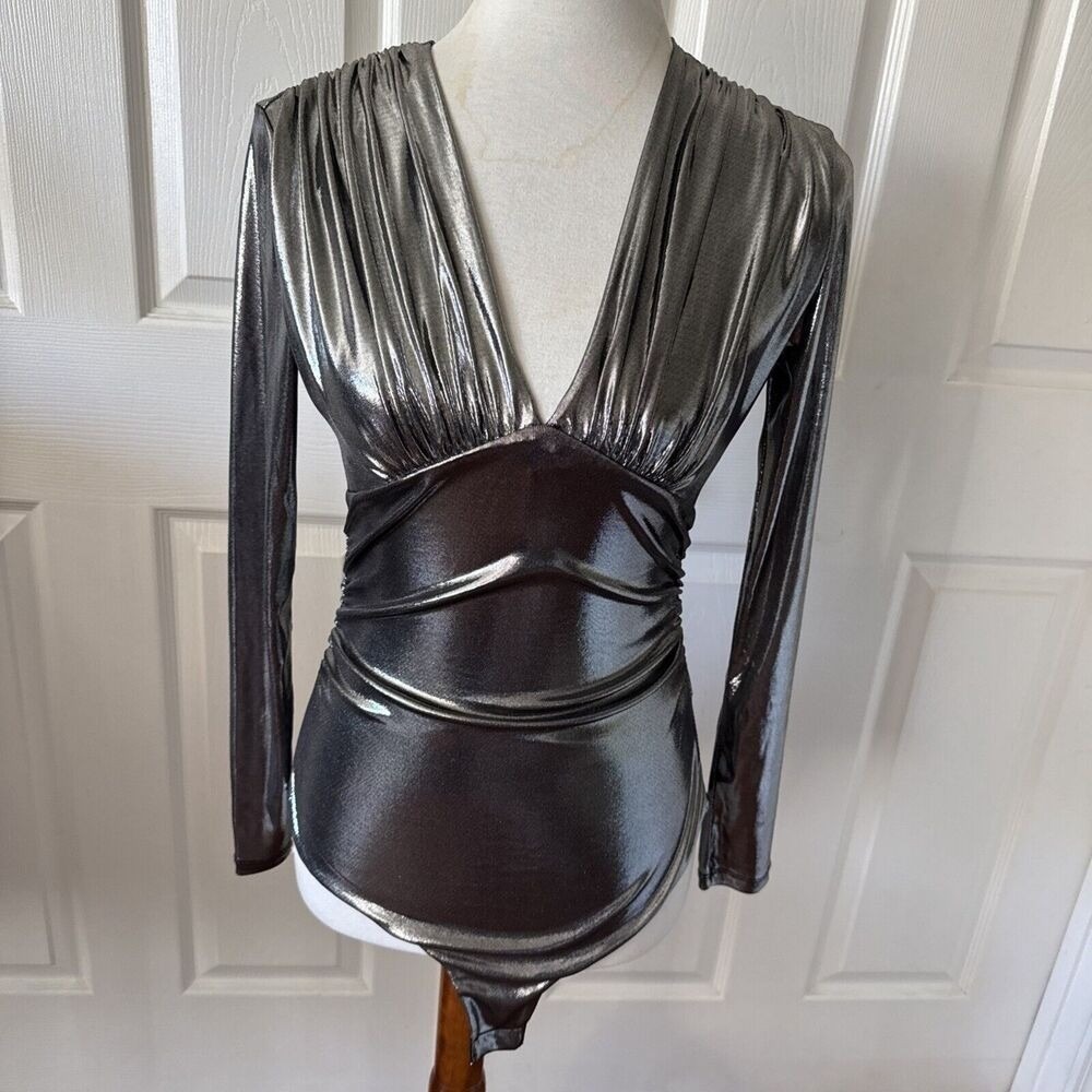 Women's S Silver Metallic Long Sleeve Plunge Corset Bodysuit Party Holiday H&M
